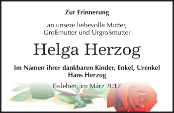 Traueranzeige von Helga Herzog von Mitteldeutsche Zeitung Mansfelder Land