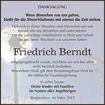 Traueranzeige von Friedrich Berndt von WVG - Wochenspiegel NMB / WSF / ZTZ
