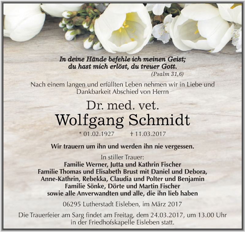  Traueranzeige für Wolfgang Schmidt vom 18.03.2017 aus Super Sonntag SGH Mansf. Land