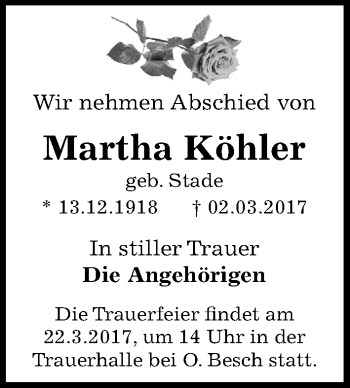Traueranzeige von Martha Köhler von Mitteldeutsche Zeitung Dessau-Roßlau