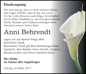 Traueranzeige von Anni Behrendt von Mitteldeutsche Zeitung Köthen