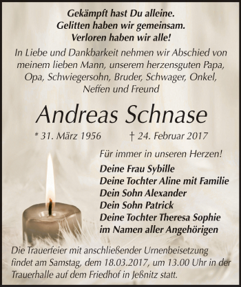 Traueranzeige von Andreas Schnase von Mitteldeutsche Zeitung Bitterfeld