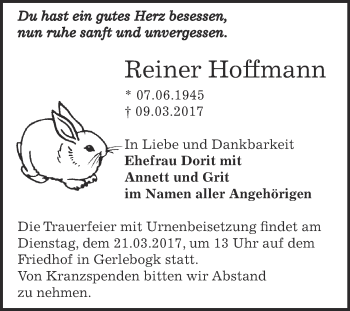 Traueranzeige von Reiner Hoffmann von Super Sonntag Bernburg