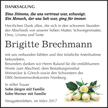 Traueranzeige von Brigitte Brechmann von Super Sonntag Bernburg
