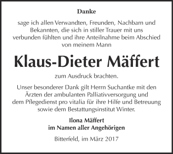 Traueranzeige von Klaus-Dieter Mäffert von WVG - Wochenspiegel Bitterfeld