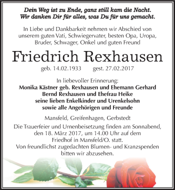 Traueranzeige von Friedrich Rexhausen von Mitteldeutsche Zeitung Mansfelder Land