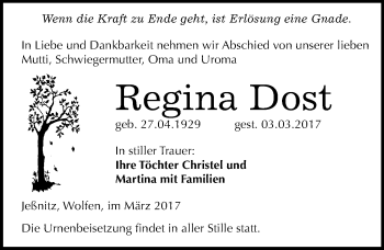 Traueranzeige von Regina Dost von Mitteldeutsche Zeitung Bitterfeld