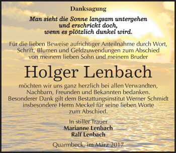 Traueranzeige von Holger Lenbach von Mitteldeutsche Zeitung Quedlinburg