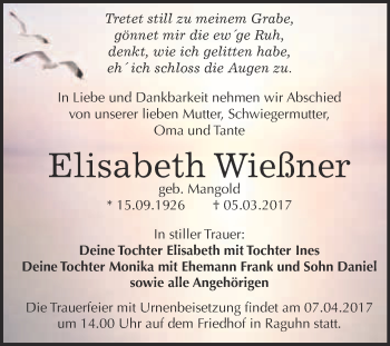 Traueranzeige von Elisabeth Wießner von WVG - Wochenspiegel Bitterfeld