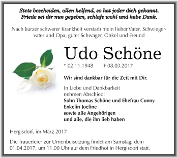 Traueranzeige von Udo Schöne von Super Sonntag SGH Mansf. Land