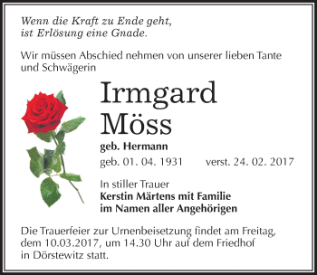 Traueranzeige von Irmgard Möss von Mitteldeutsche Zeitung Merseburg/Querfurt
