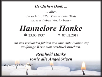 Traueranzeige von Hannelore Hanke von Mitteldeutsche Zeitung Dessau-Roßlau