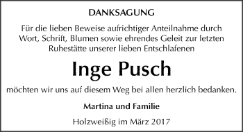 Traueranzeige von Inge Pusch von Mitteldeutsche Zeitung Bitterfeld