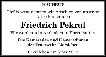 Traueranzeige von Friedrich Pekrul von Mitteldeutsche Zeitung Aschersleben