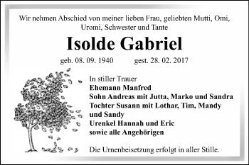 Traueranzeige von Isolde Gabriel von WVG - Wochenspiegel Bitterfeld