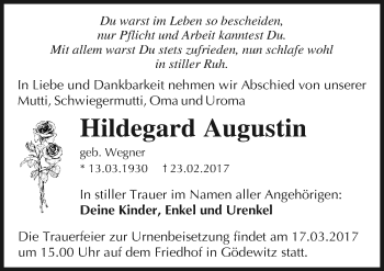 Traueranzeige von Hildegard Augustin von Mitteldeutsche Zeitung Halle/Saalkreis
