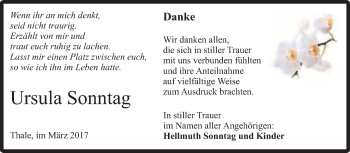 Traueranzeige von Ursula Sonntag von Super Sonntag Quedlinburg