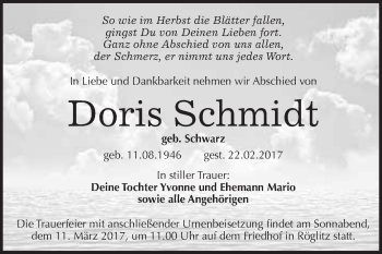 Traueranzeige von Doris Schmidt von Super Sonntag Halle