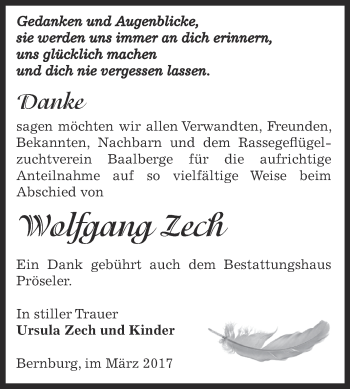 Traueranzeige von Wolfgang Zech von Super Sonntag Bernburg