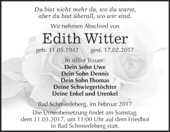 Traueranzeige von Edith Witter von Super Sonntag Wittenberg