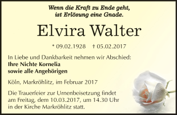 Traueranzeige von Elvira Walter von Mitteldeutsche Zeitung Weißenfels