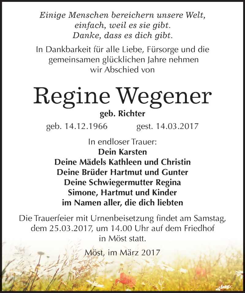  Traueranzeige für Regine Wegener vom 22.03.2017 aus Mitteldeutsche Zeitung Bitterfeld