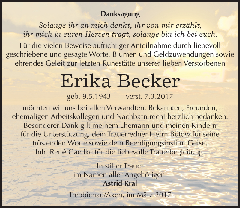  Traueranzeige für Erika Becker vom 31.03.2017 aus Mitteldeutsche Zeitung Köthen