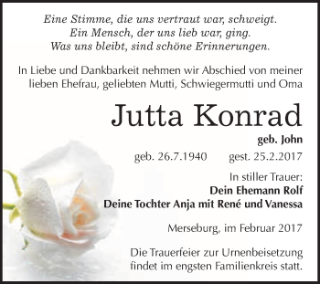 Traueranzeige von Jutta Konrad von Super Sonntag Halle