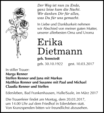 Traueranzeige von Erika Dietmann von Mitteldeutsche Zeitung Sangerhausen