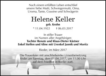Traueranzeige von Helene Keller von Mitteldeutsche Zeitung Quedlinburg