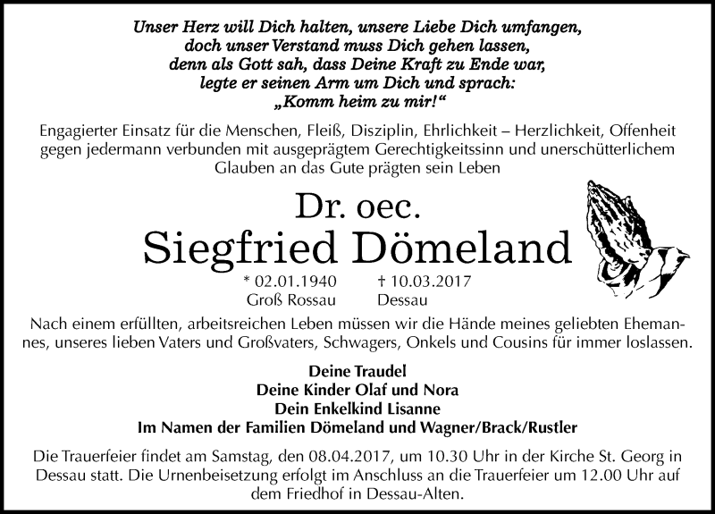  Traueranzeige für Siegfried Dömeland vom 25.03.2017 aus Mitteldeutsche Zeitung Dessau-Roßlau