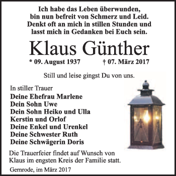 Traueranzeige von Klaus Günther von Super Sonntag Quedlinburg