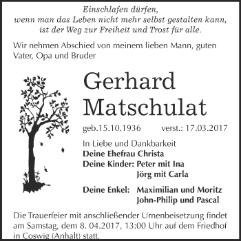 Traueranzeige von Gerhard Matschulat von Super Sonntag Wittenberg