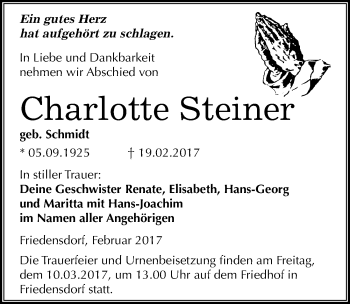 Traueranzeige von Charlotte Steiner von Mitteldeutsche Zeitung Merseburg/Querfurt