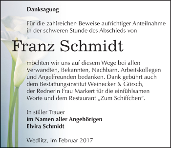 Traueranzeige von Franz Schmidt von Mitteldeutsche Zeitung Bernburg