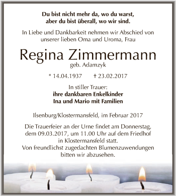 Traueranzeige von Regina Zimmermann von Super Sonntag SGH Mansf. Land