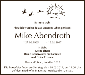 Traueranzeige von Mike Abendroth von WVG - Wochenspiegel Dessau / Köthen