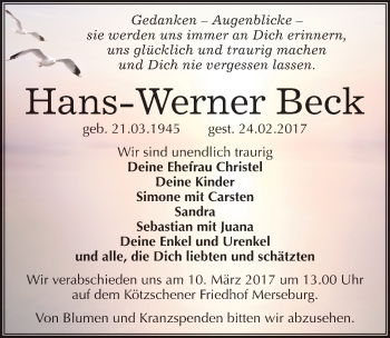 Traueranzeige von Hans-Werner Beck von Mitteldeutsche Zeitung Merseburg/Querfurt