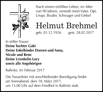 Traueranzeige von Helmut Brehmel von Super Sonntag Halle