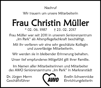 Traueranzeige von Christin Müller von Mitteldeutsche Zeitung Weißenfels