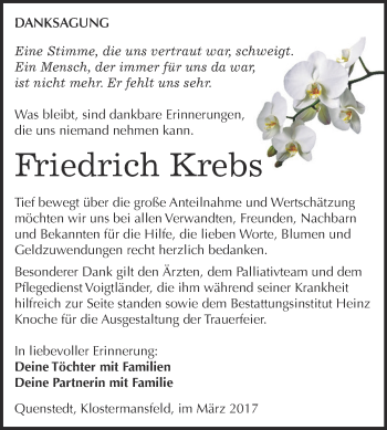 Traueranzeige von Friedrich Krebs von Super Sonntag SGH Mansf. Land