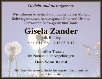 Traueranzeige von Gisela Zander von Super Sonntag Wittenberg