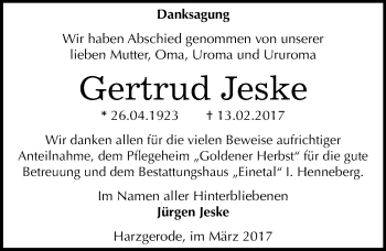 Traueranzeige von Gertrud Jeske von Mitteldeutsche Zeitung Quedlinburg