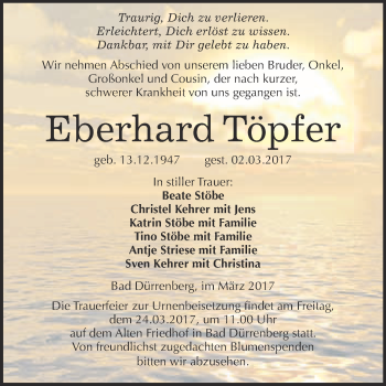 Traueranzeige von Eberhard Töpfer von Super Sonntag Halle