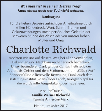 Traueranzeige von Charlotte Richwald von Mitteldeutsche Zeitung Mansfelder Land