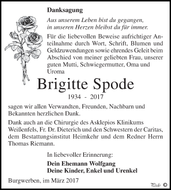 Traueranzeige von Brigitte Spode von WVG - Wochenspiegel NMB / WSF / ZTZ