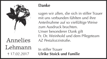 Traueranzeige von Annelies Lehmann von Super Sonntag Zeitz