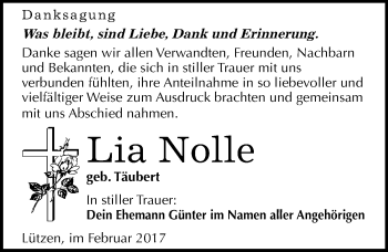 Traueranzeige von Lia Nolle von Mitteldeutsche Zeitung Weißenfels
