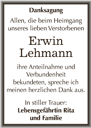 Traueranzeige von Erwin Lehmann von WVG - Wochenspiegel Dessau / Köthen