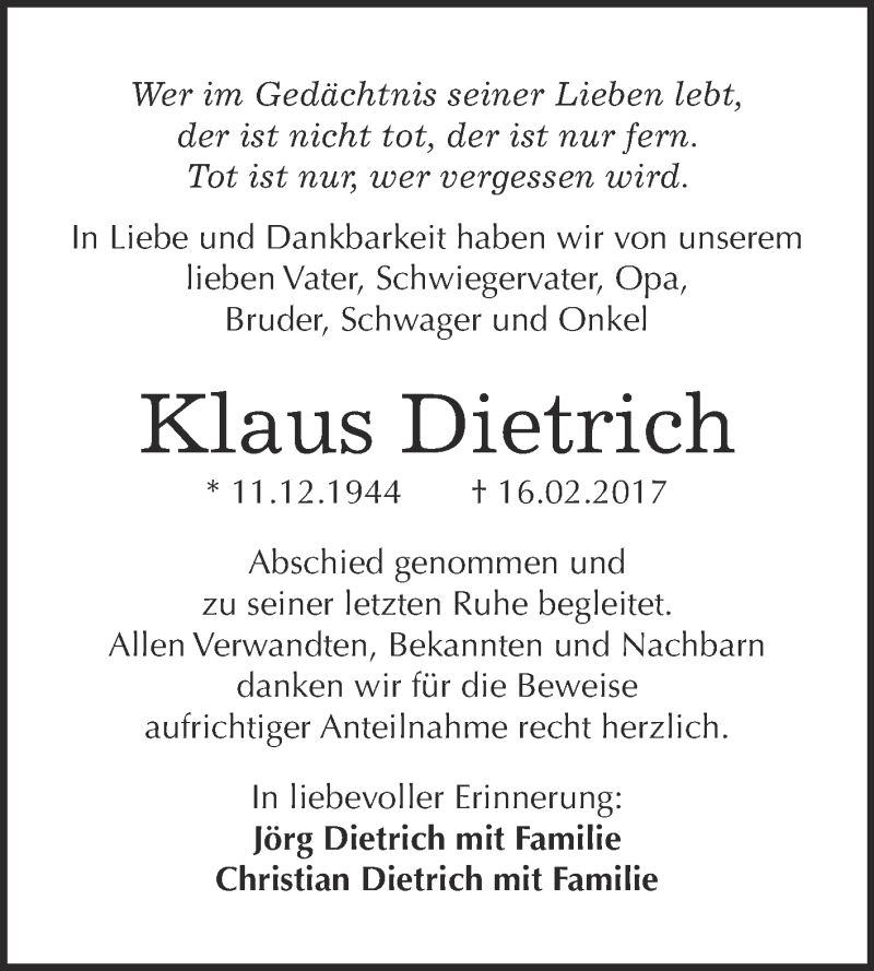  Traueranzeige für Klaus Dietrich vom 18.03.2017 aus Super Sonntag Wittenberg